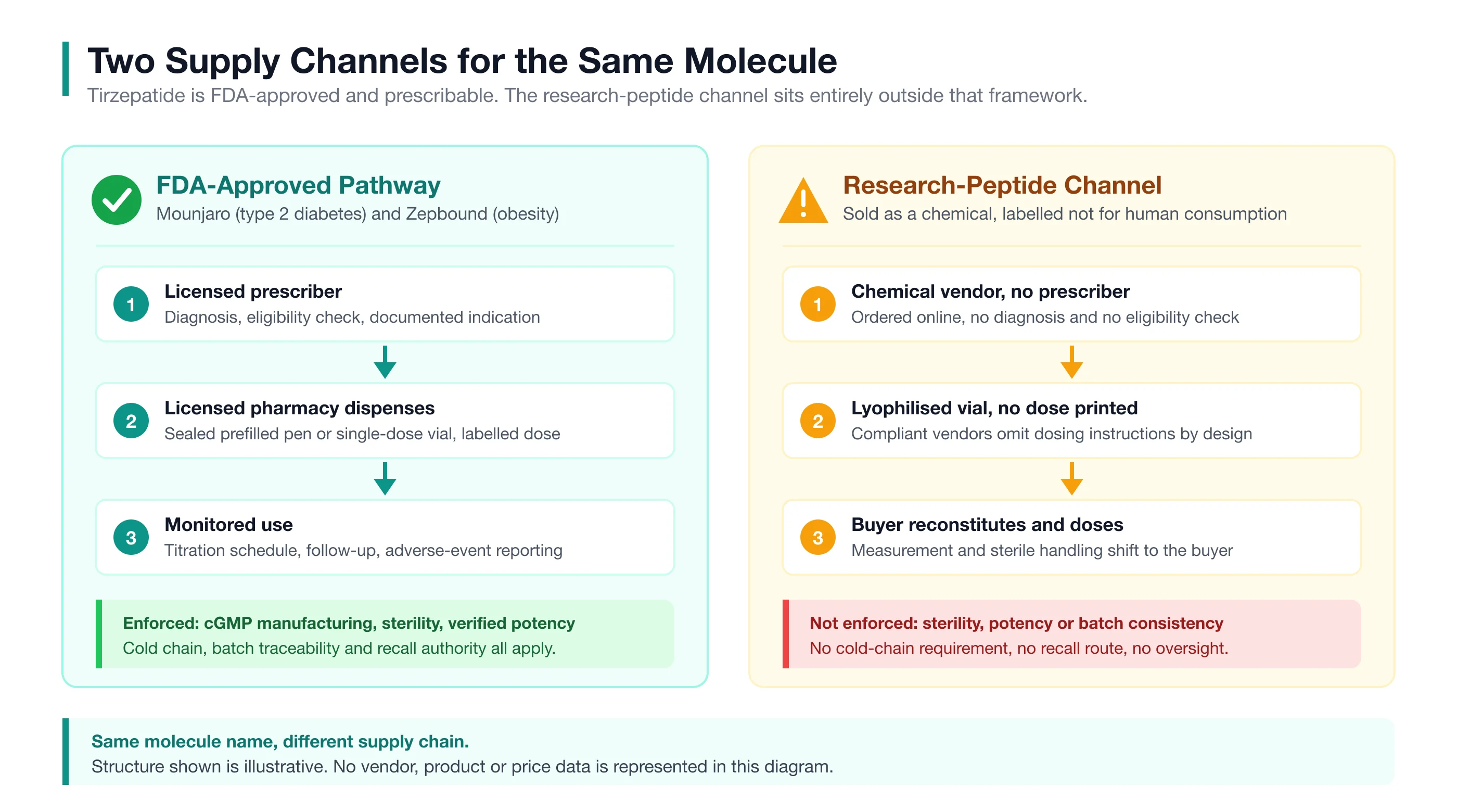 Diagram comparing the FDA-approved Mounjaro and Zepbound pathway against the unregulated research-peptide channel.
