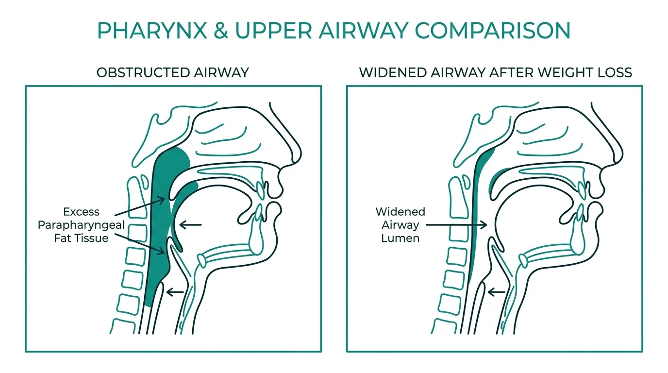 Cross-section comparing an obstructed airway with excess fat to a widened airway after tirzepatide weight loss