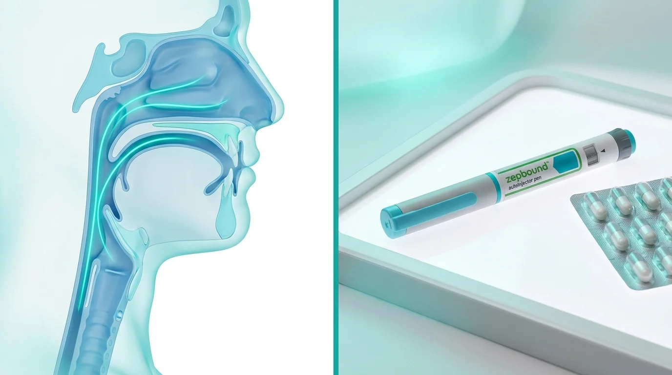 Split medical scene showing a decompressed upper airway beside a Zepbound autoinjector pen in teal clinical lighting