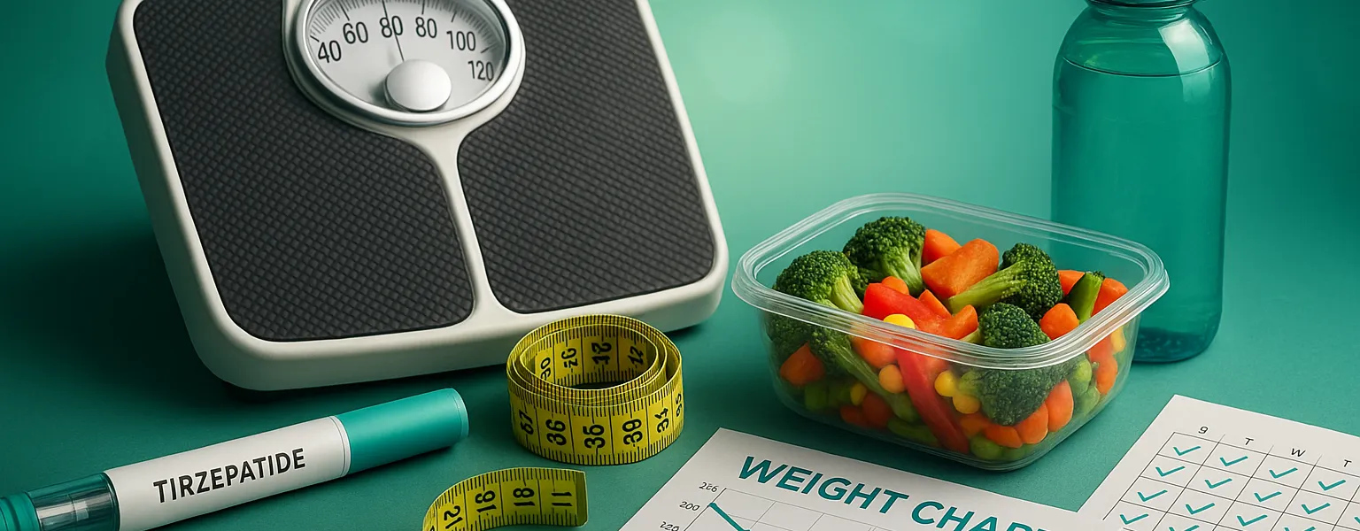 Weight loss journey with tirzepatide showing injection pen, scale, healthy foods, and progress chart