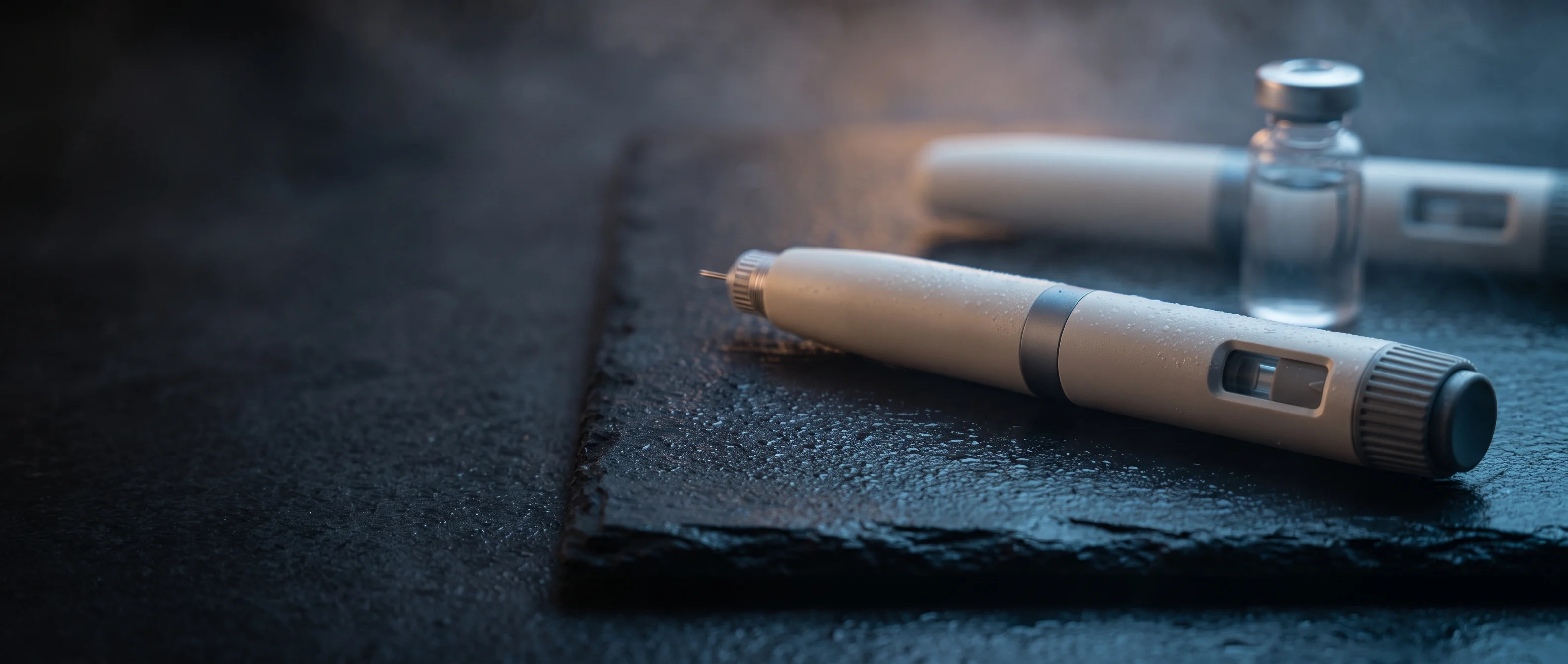 GLP-1 injection pen on a dark surface with a second pen out of focus behind it.