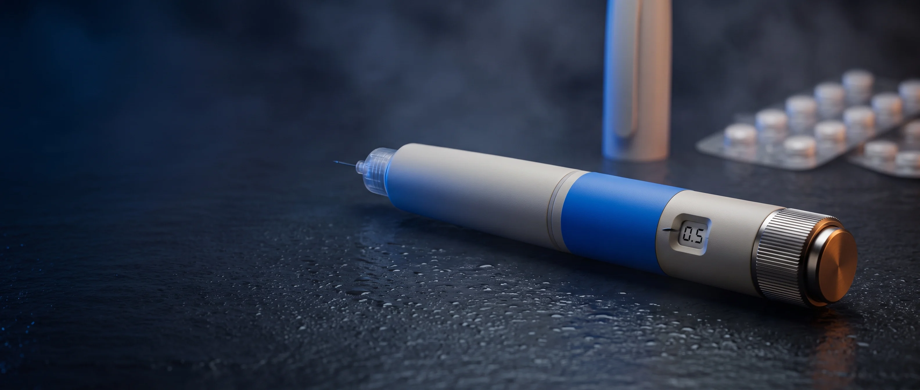 Wegovy injection pen photographed on a dark editorial surface with blue rim lighting and tablets behind.