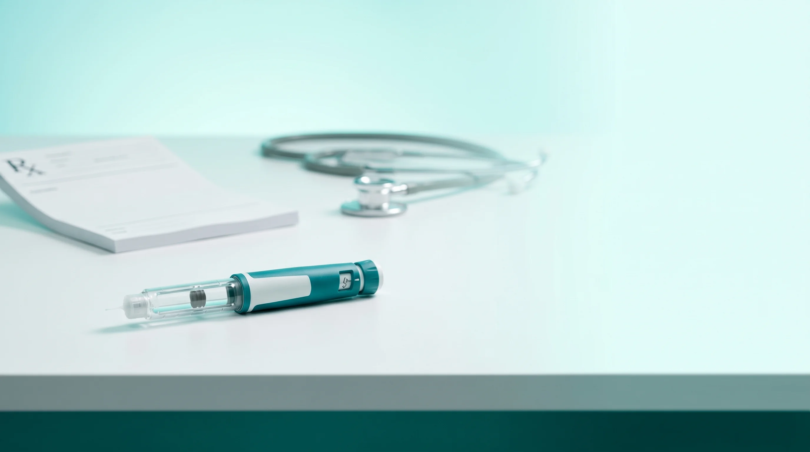 Mounjaro KwikPen autoinjector with clinical paperwork on a clean white surface lit in teal tones