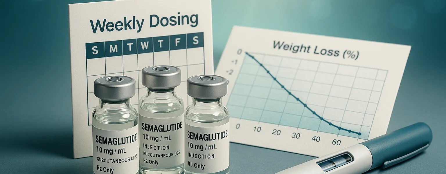Semaglutide injectable vials with teal-blue background, clinical data charts, and weekly dosing calendar