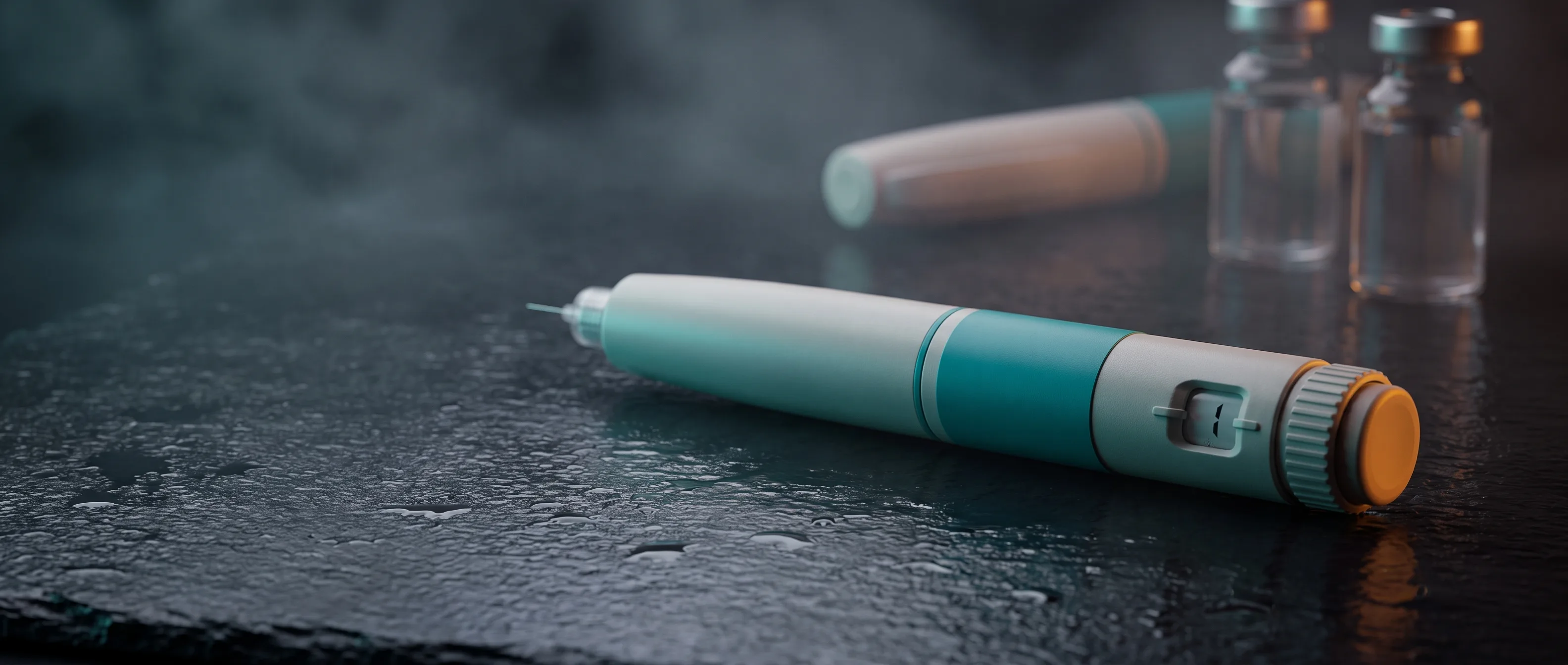 Zepbound injection pen photographed under teal rim light, illustrating insurance coverage and monthly copay costs