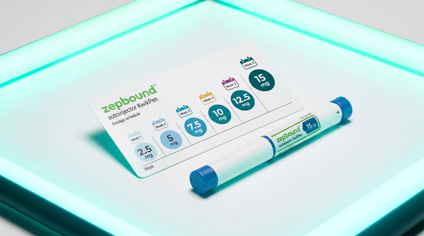 Zepbound autoinjector pen beside a weekly dosage titration chart showing 2.5 mg to 15 mg progression for weight loss
