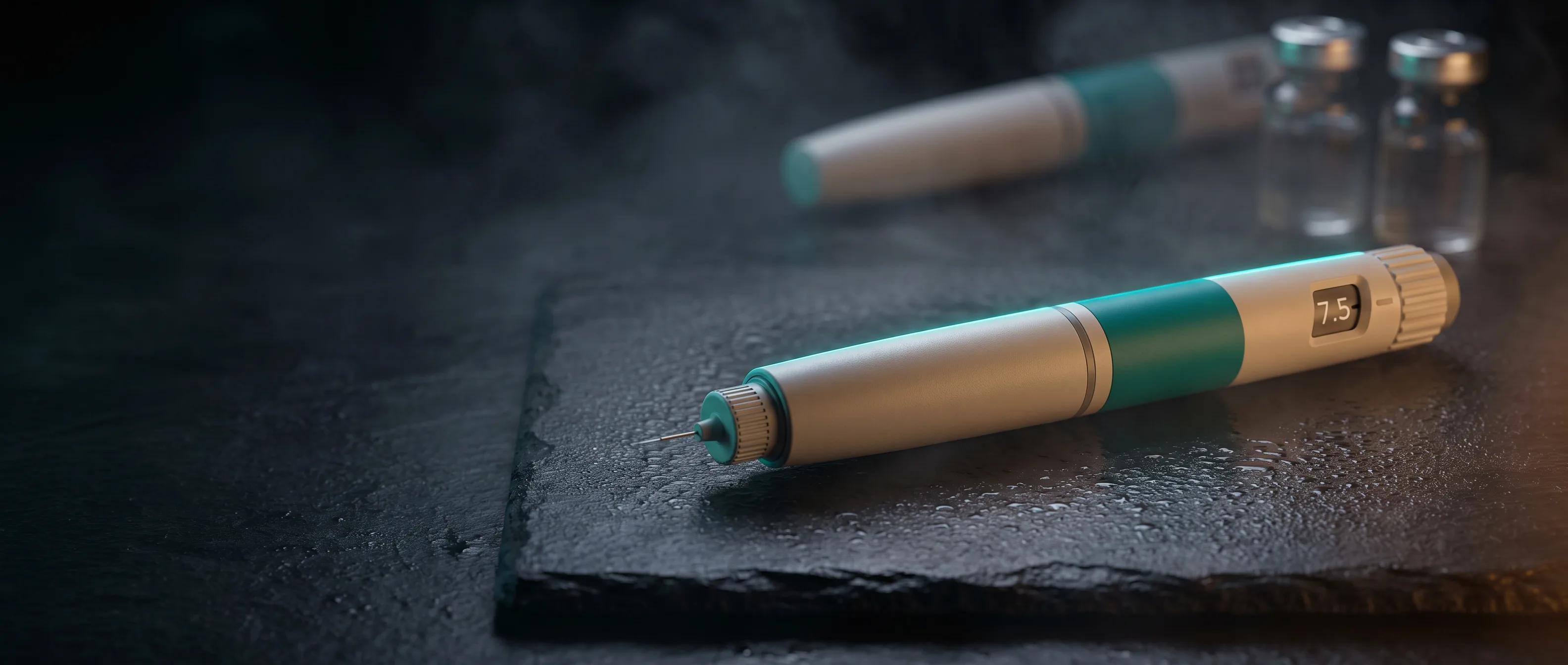 Zepbound-style single-dose injection pen photographed on a dark surface under teal editorial rim lighting.