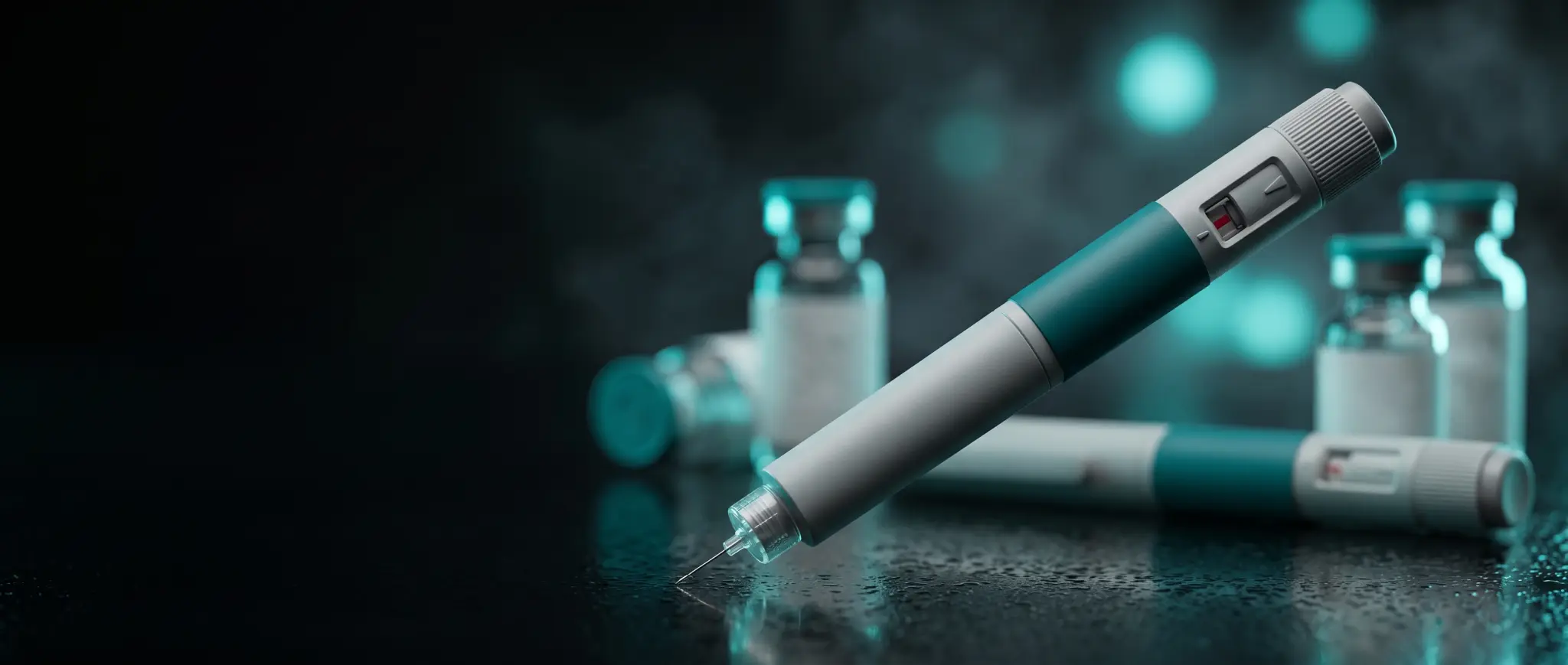 Unbranded white multi-dose autoinjector pen with a teal dose dial beside pen needles and an alcohol swab