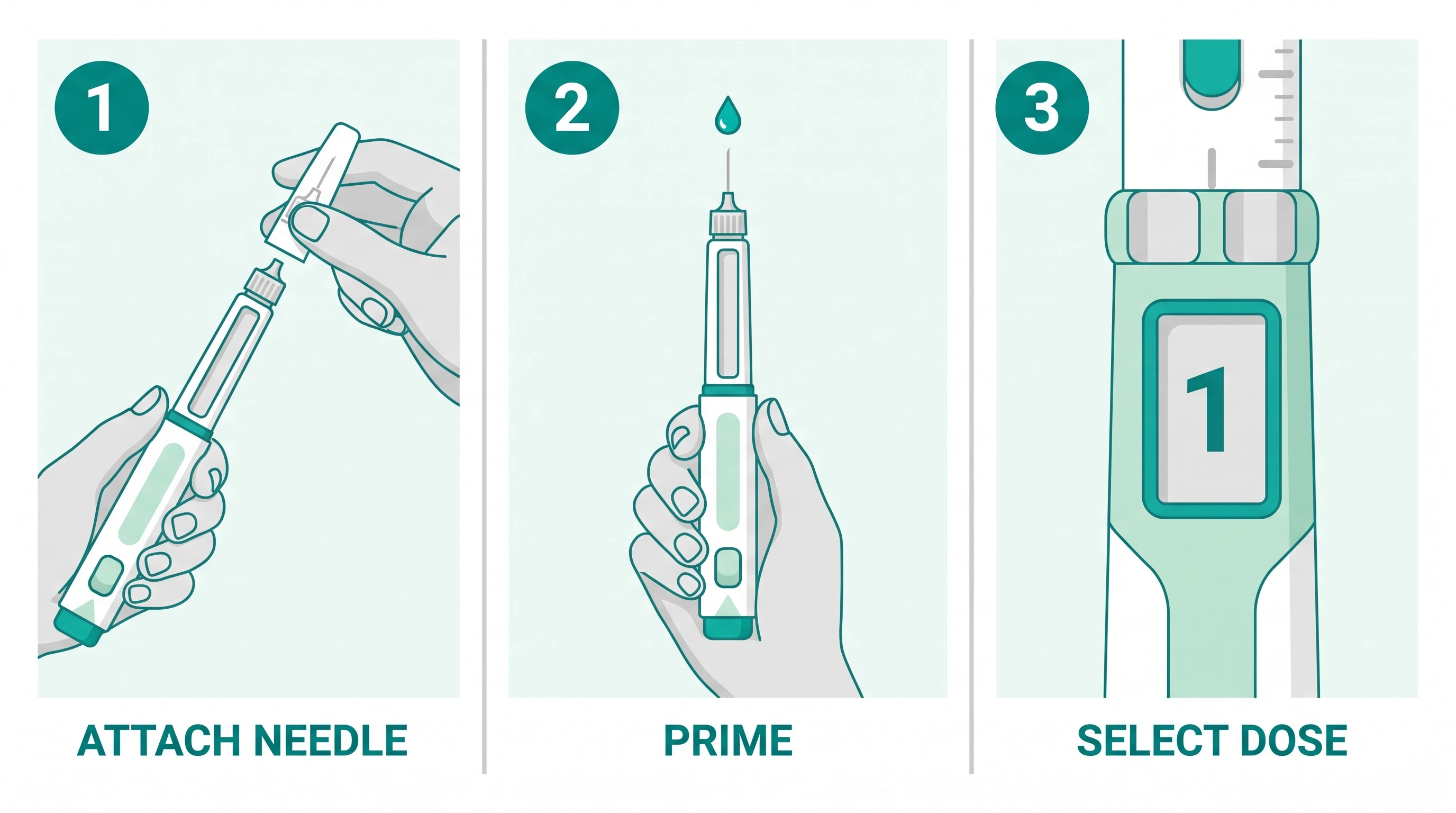 Three-step Zepbound KwikPen guide: attach needle, prime until a drop appears, then select dose one.