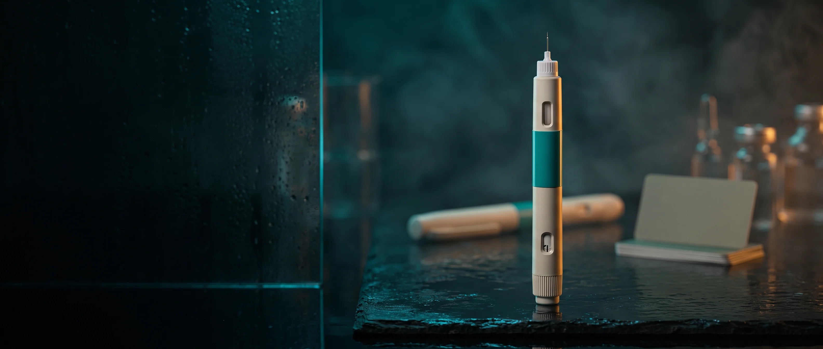 A Zepbound single-dose pen stands on wet dark slate beside blank insurance paperwork in bokeh.