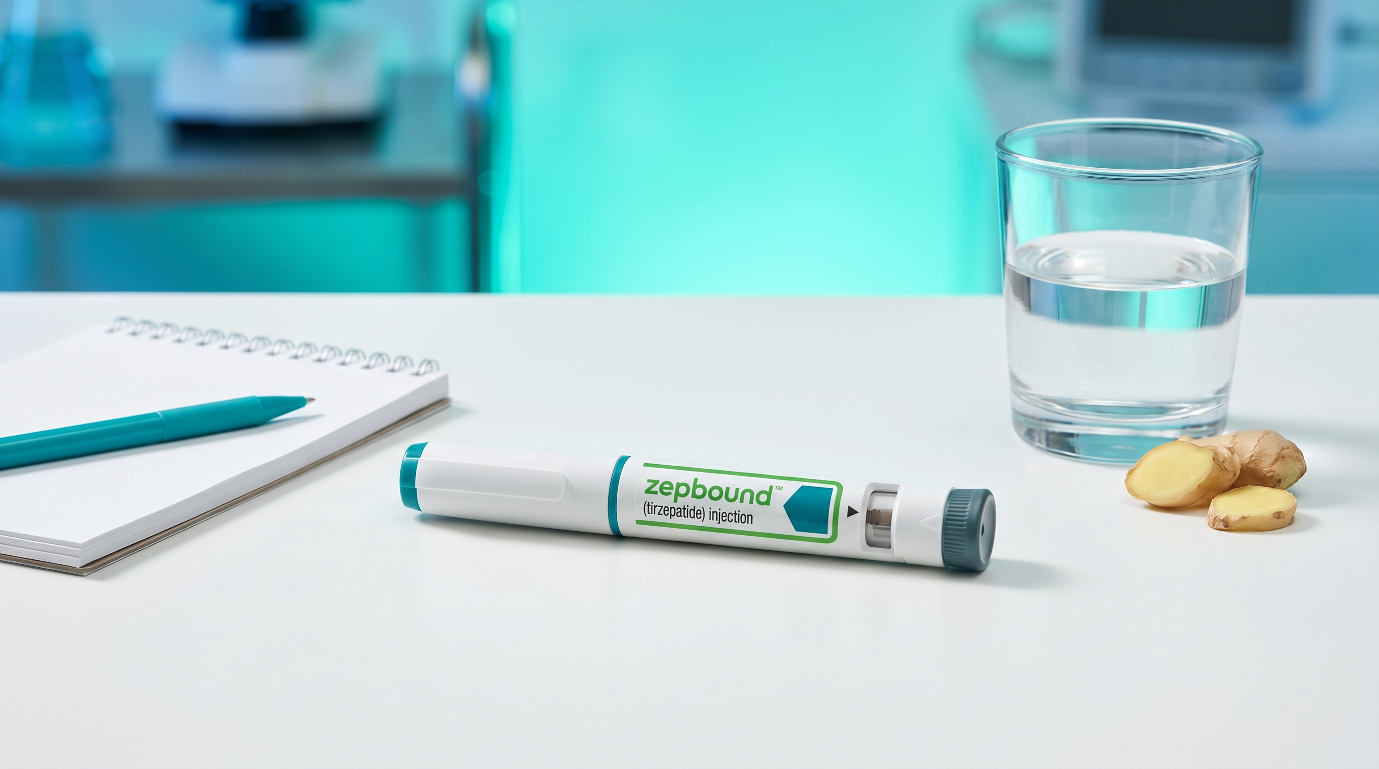Zepbound autoinjector pen with ginger and water glass representing side effect management tools for weight loss patients