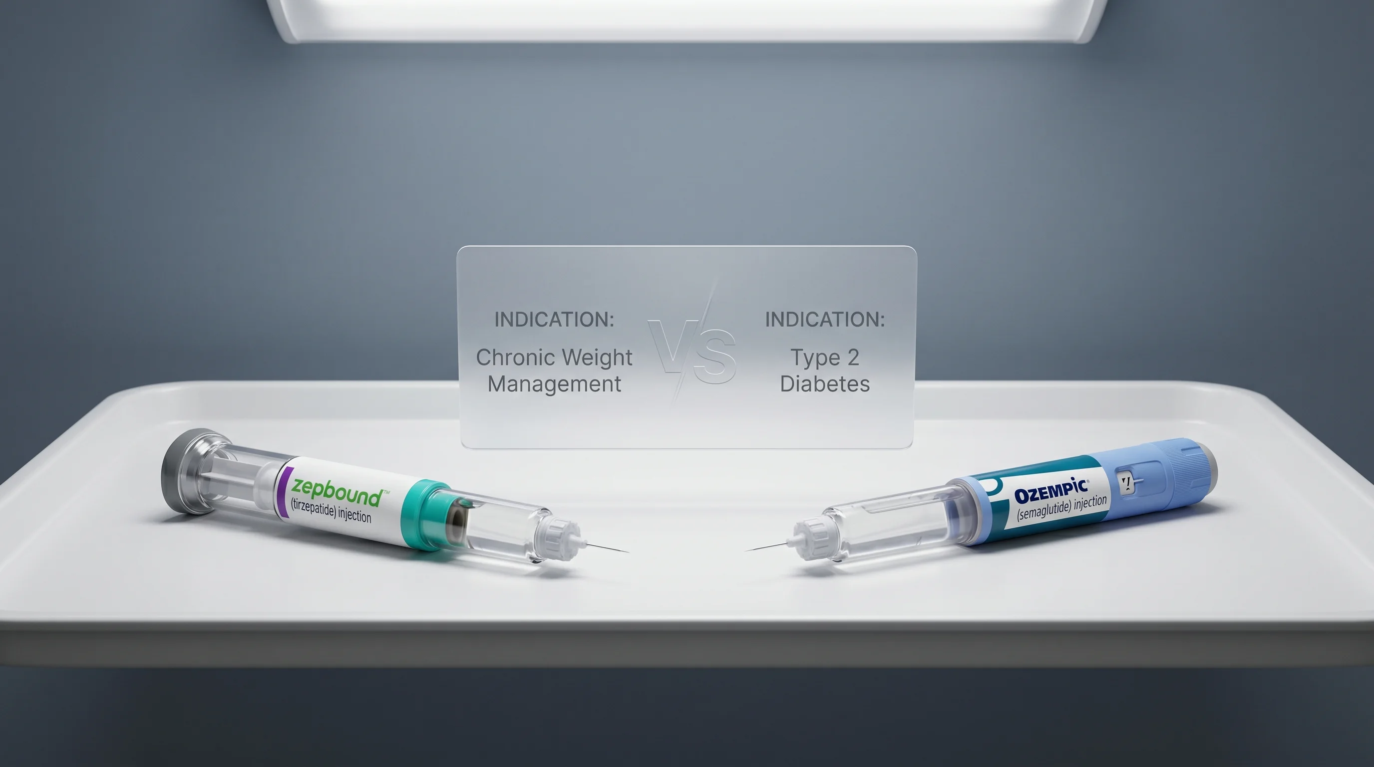 Side-by-side comparison of Zepbound and Ozempic injection pens with VS scorecard showing indication, molecule, and weight-loss trial results
