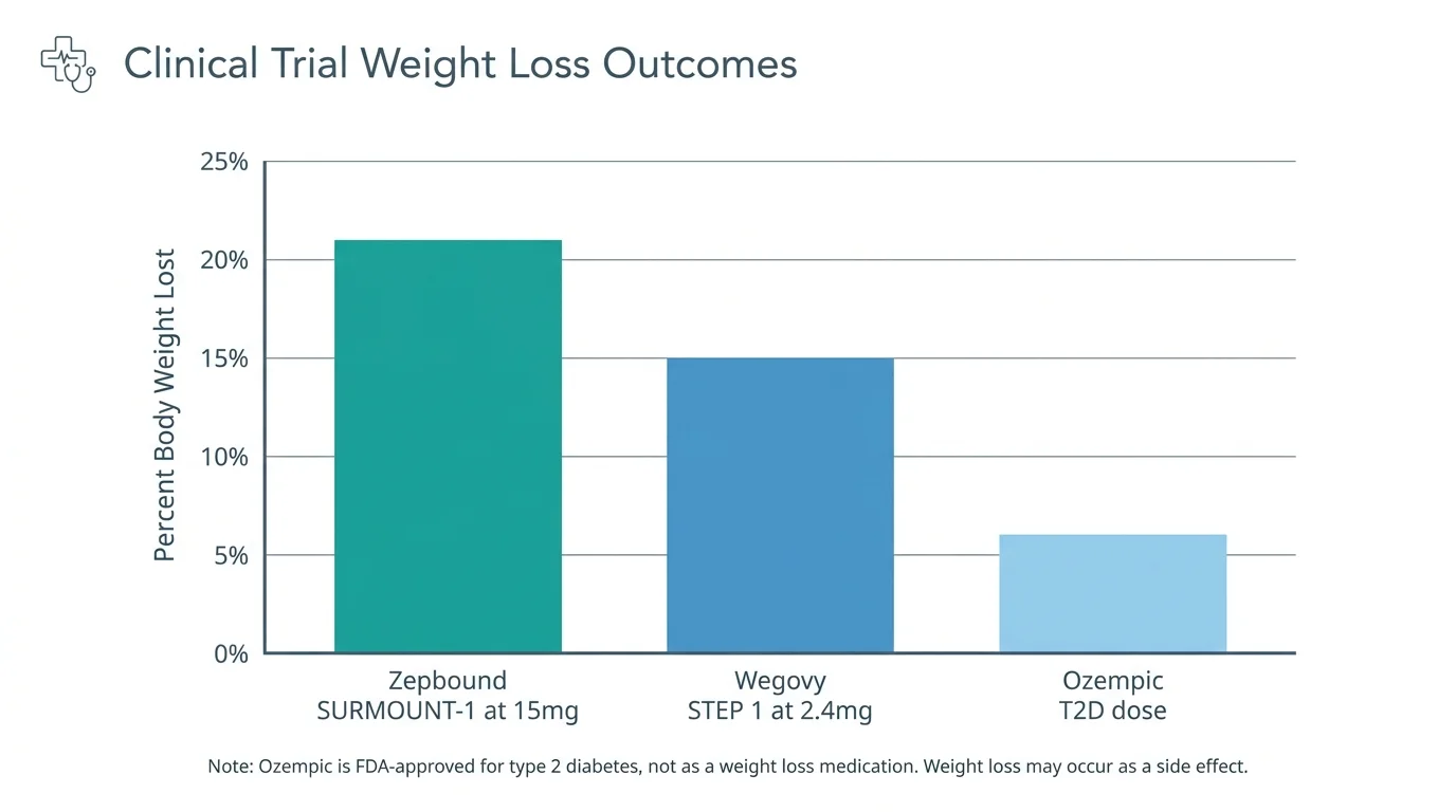 Bar chart: Zepbound SURMOUNT-1 20.9%, Wegovy STEP 1 14.9%, Ozempic T2D 5-7% weight loss