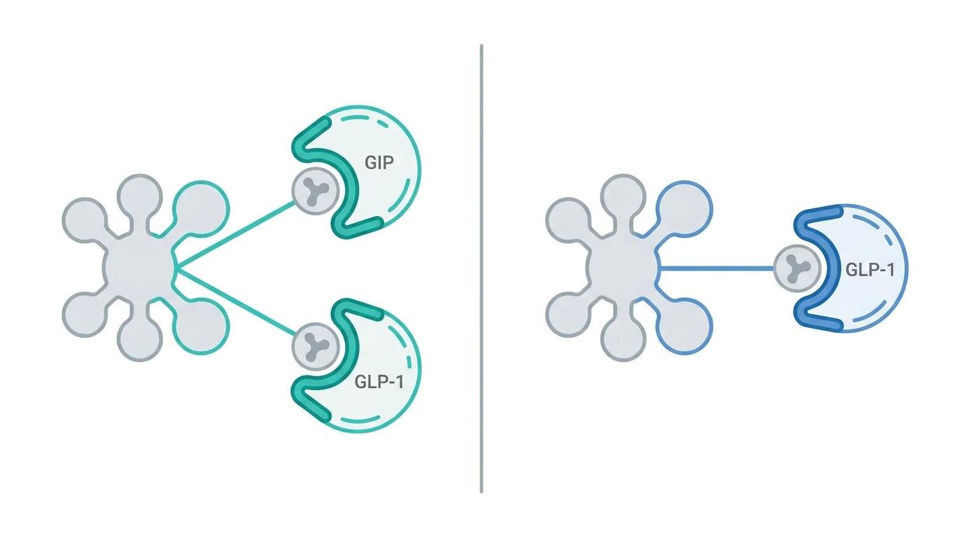Diagram showing tirzepatide binding GIP and GLP-1 receptors versus semaglutide binding only the GLP-1 receptor