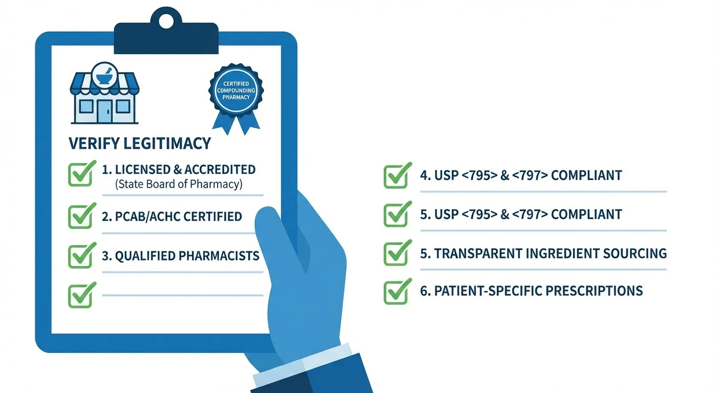 Compounding pharmacy verification checklist showing key steps to verify legitimacy including state licensing and accreditation