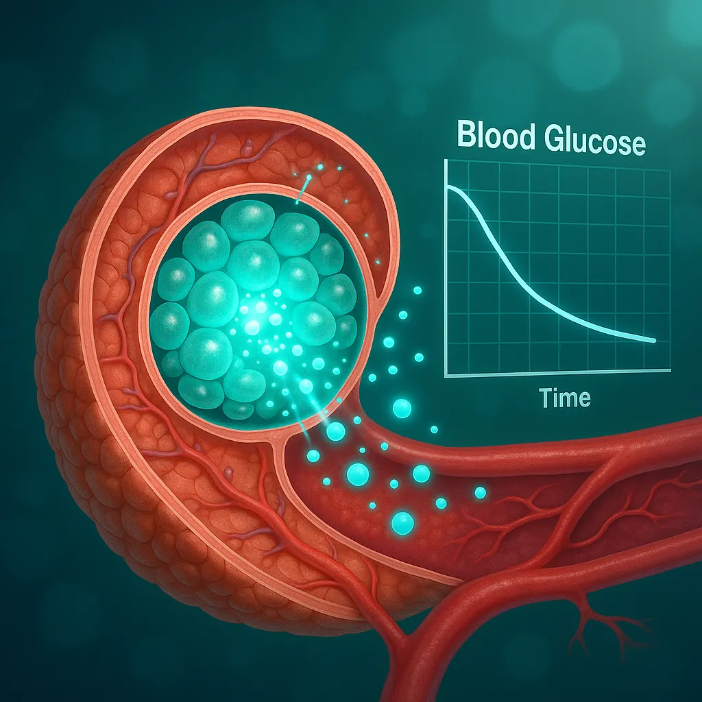 Pancreatic beta cells releasing insulin with blood glucose chart showing reduction over time