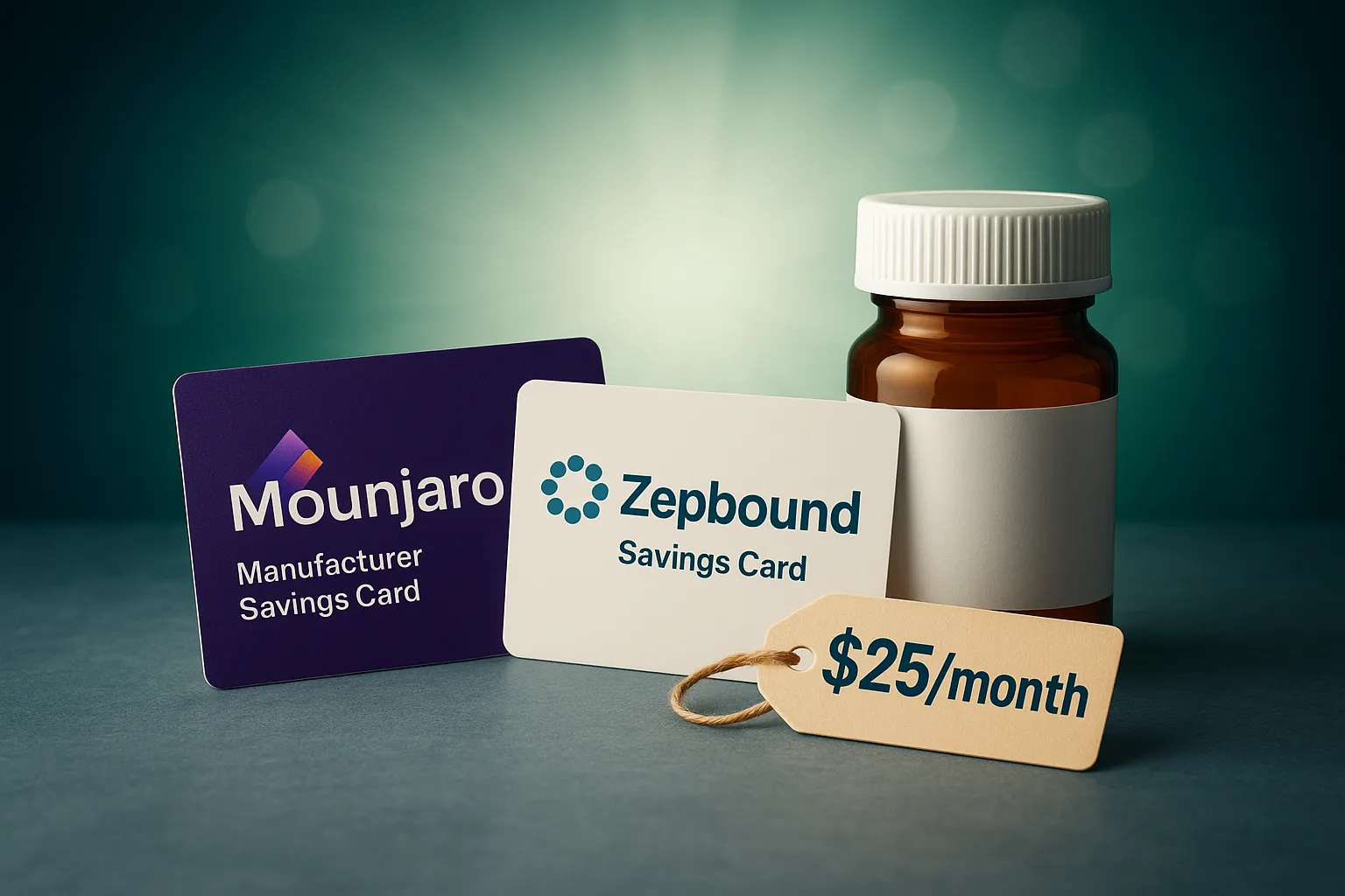 Mounjaro and Zepbound manufacturer savings cards beside prescription bottle showing tirzepatide cost reduction to $25 per month