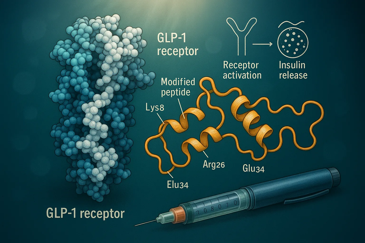 GLP-1 receptor molecular model showing semaglutide binding mechanism and amino acid modifications at positions 8, 26, and 34